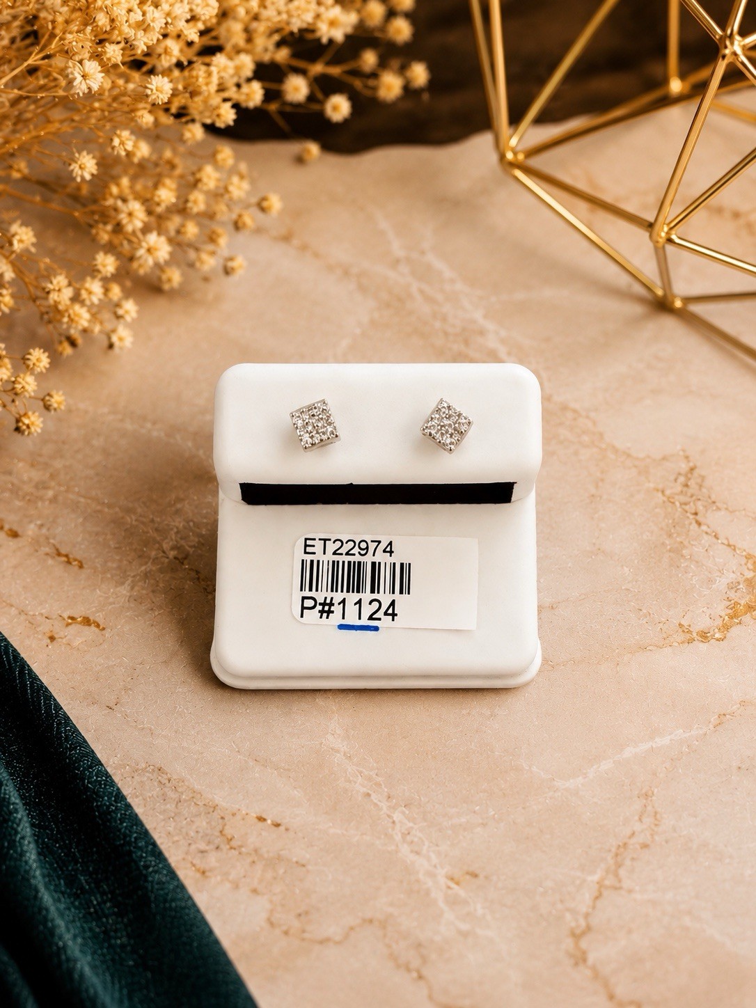 Silver Tone Square Pavé White Crystal Stud Earrings Metal Lobe
