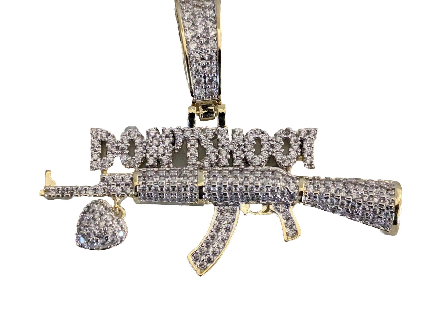 Necklaces Men Ice Out Bling Gun Don’t Shoot Gold Plated Pendant 12″Chain