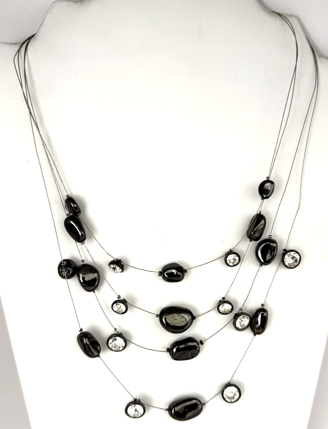 Chico’s Gunmetal Silver Tone 21″ Short Beaded Crystal Floating/Illusion Necklace