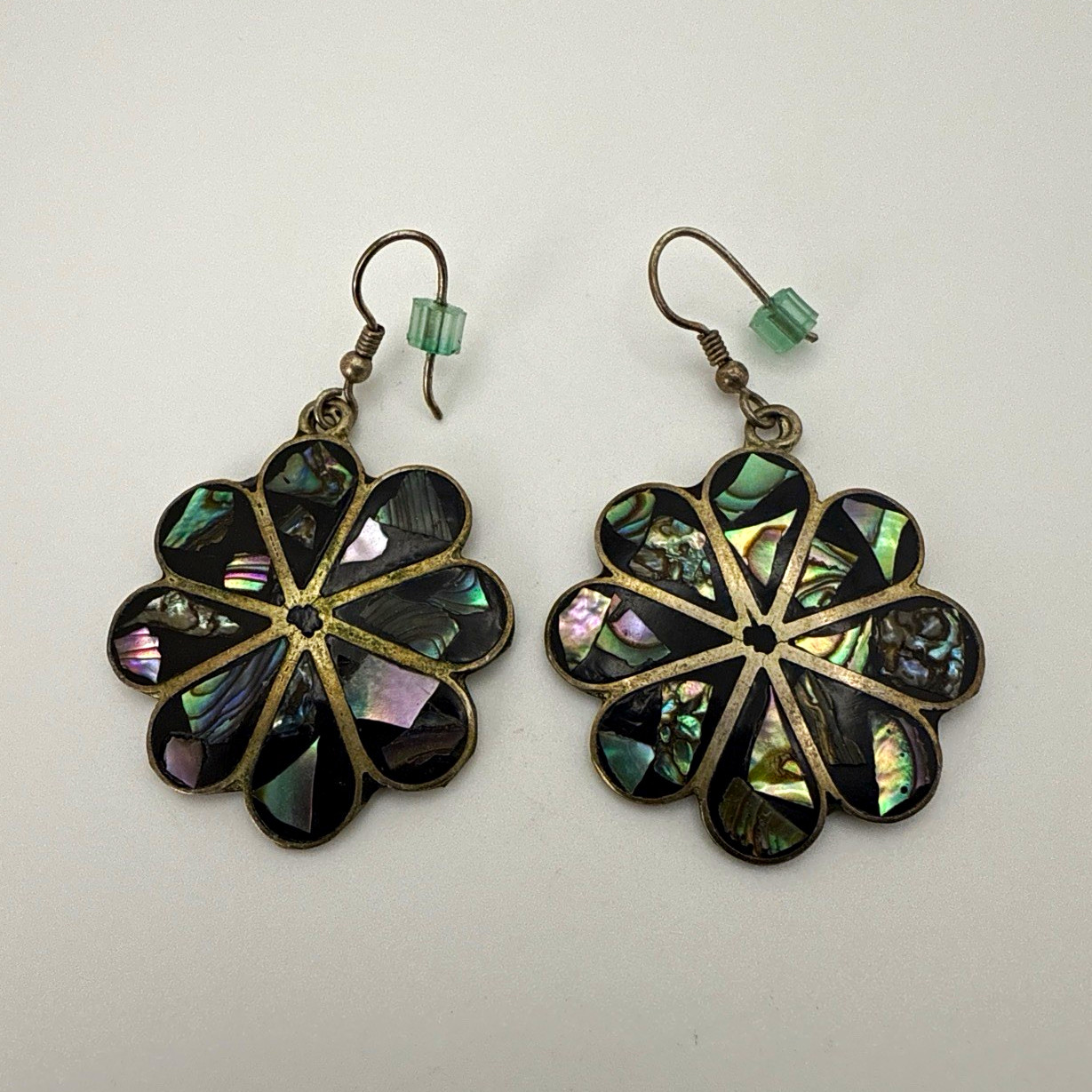 Vintage Alpaca Mexico Flower Dangle/Drop Hook Earrings Abalone Shell Inlay