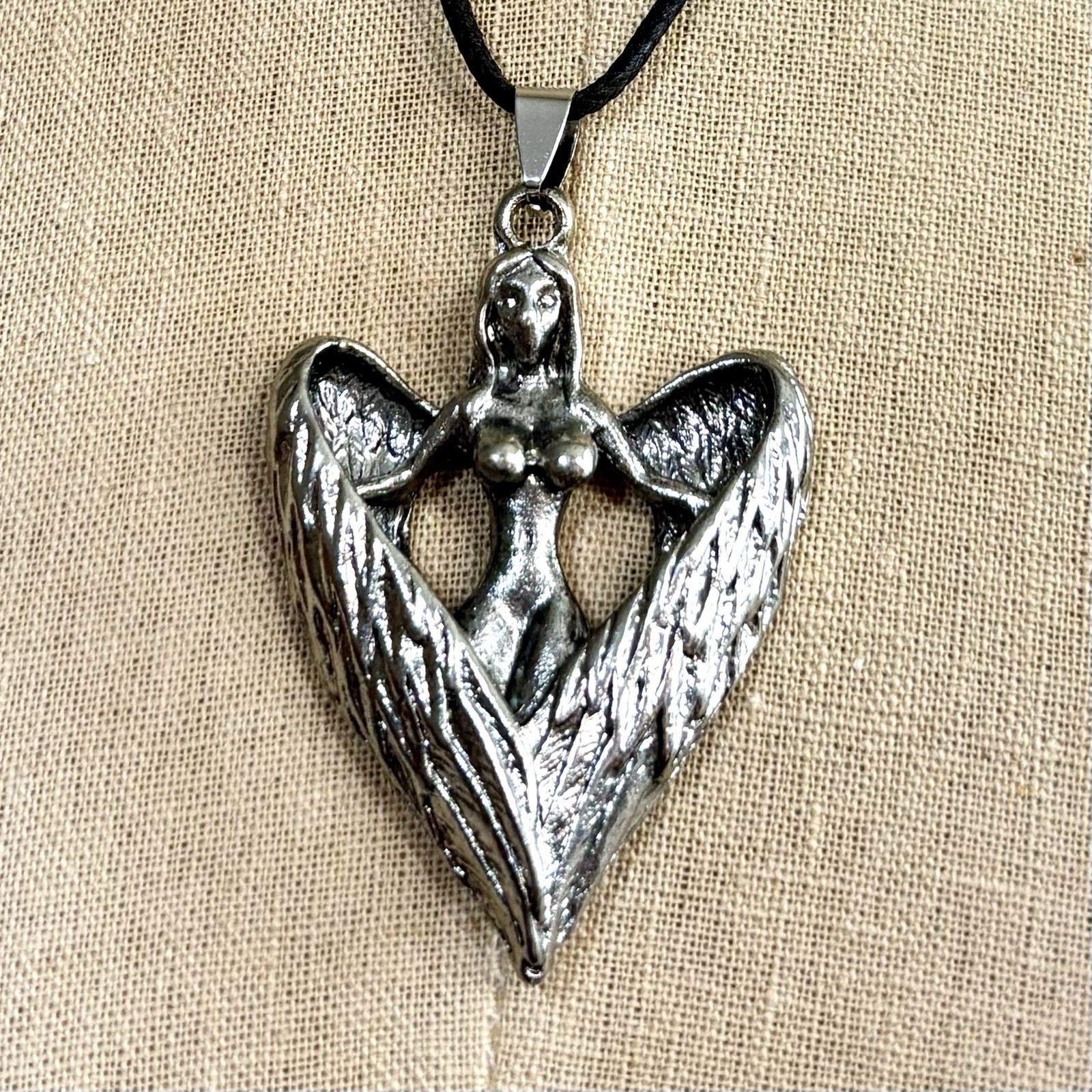 Winged Fairy Pendant Necklace Silver Tone Nude Lady Faux Leather Cord Brutalist