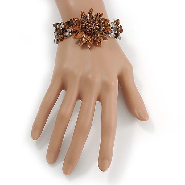Handmade Leather Flower Semiprecious Bead Cotton Cord Bracelet (Brown/