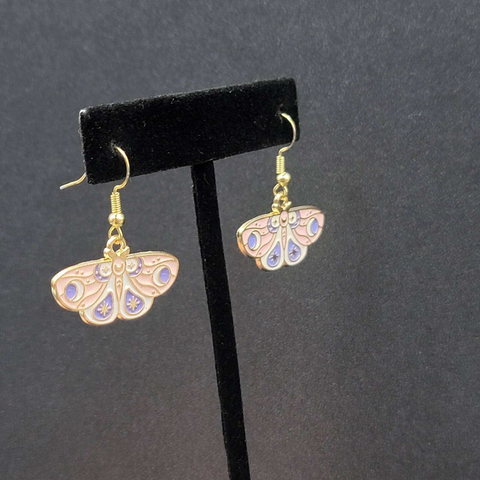 Moth Pierced Earrings Gold tone Pink Purple White Enamel Dangle 5/8″