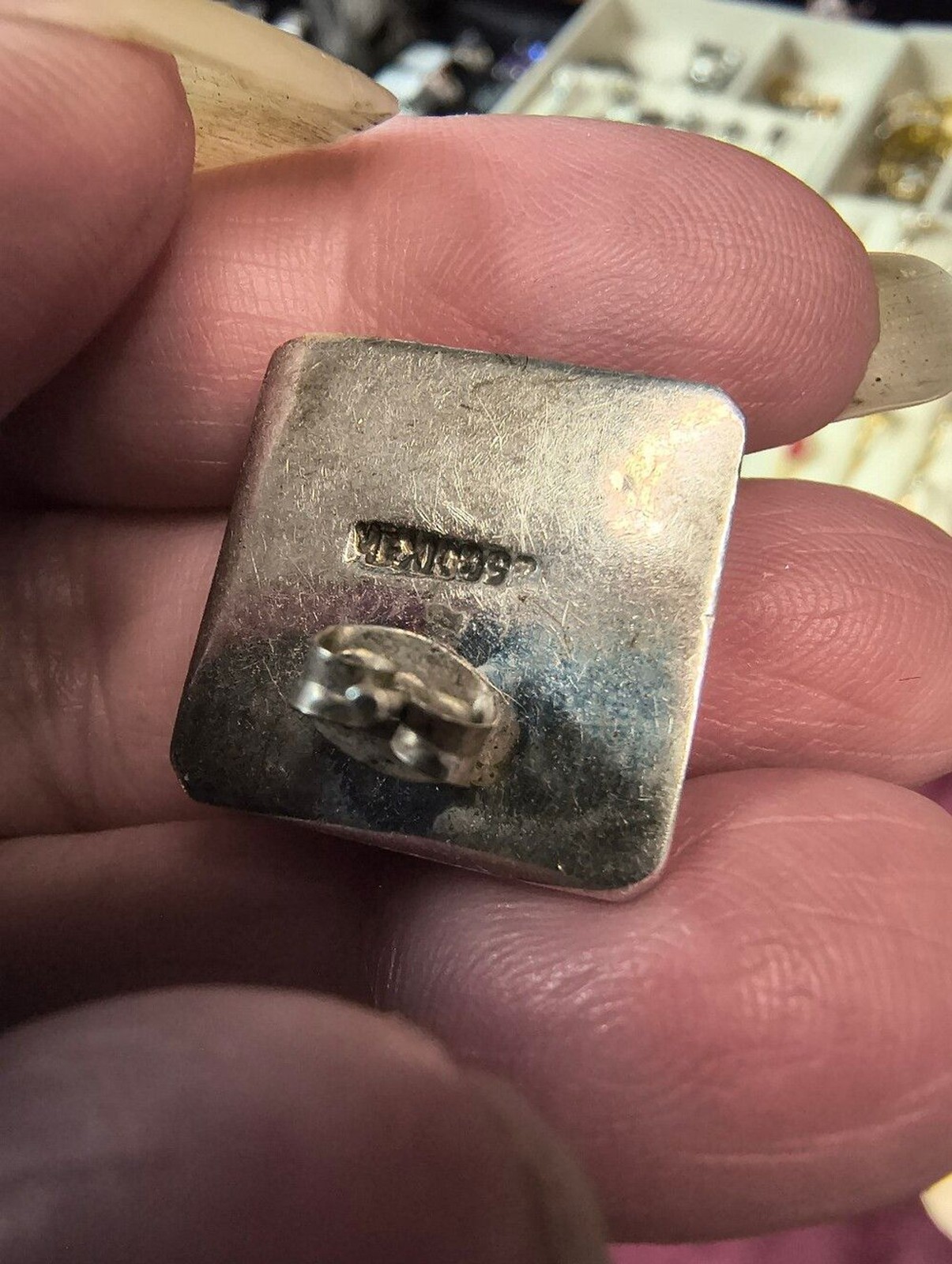 Vintage Sterling Silver Black Onyx Square Stud Earrings Signed Artisan 16g