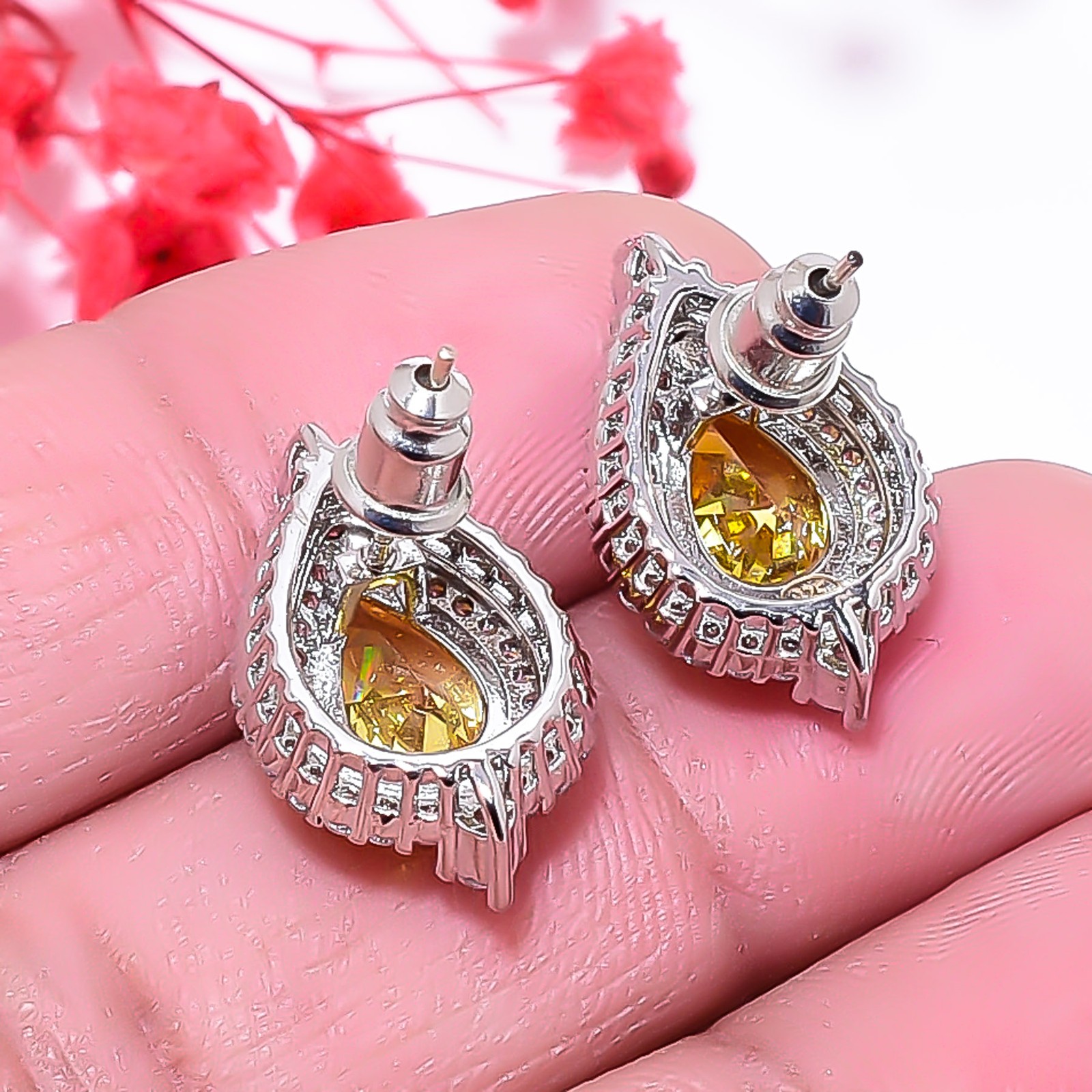 Citrine & Cz 925 Sterling Silver Floral Halo Drop Earring 0.75″ E15533