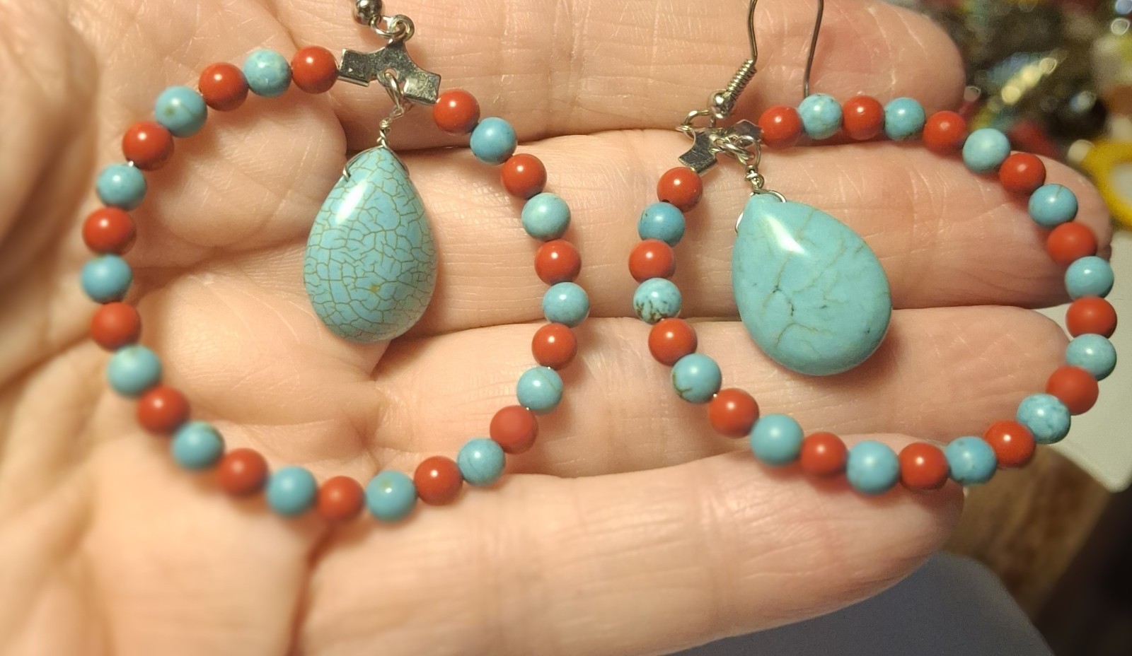 Pre-owned no brand silvertone genuine turquoise & red coral dangle earrings