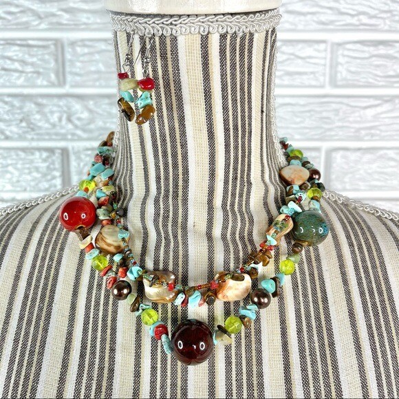 Multicolored Faux Stone Beaded Multi-Chain Layered Necklace & Earrings Set