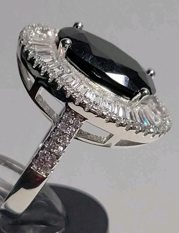 Simulated Black and White Diamond Double Halo Ring in Silvertone (Size 7.0)