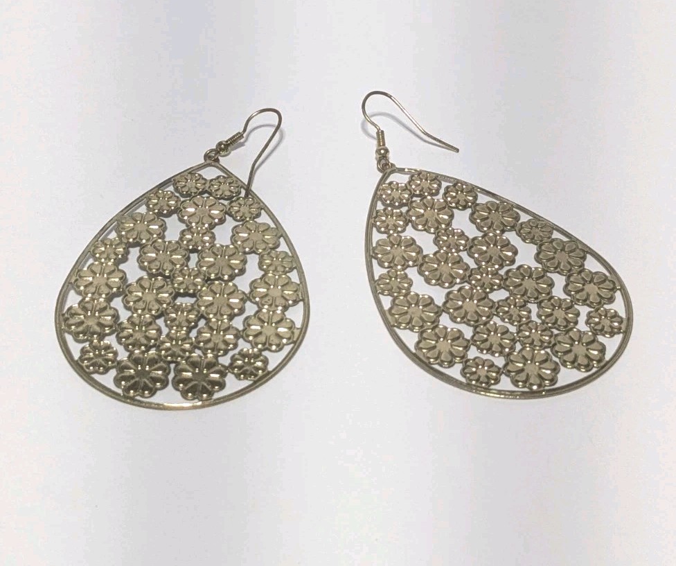 Gold Tone Flower Filigree With White Enamel Inlay Hook Dangle Earrings 2.75″
