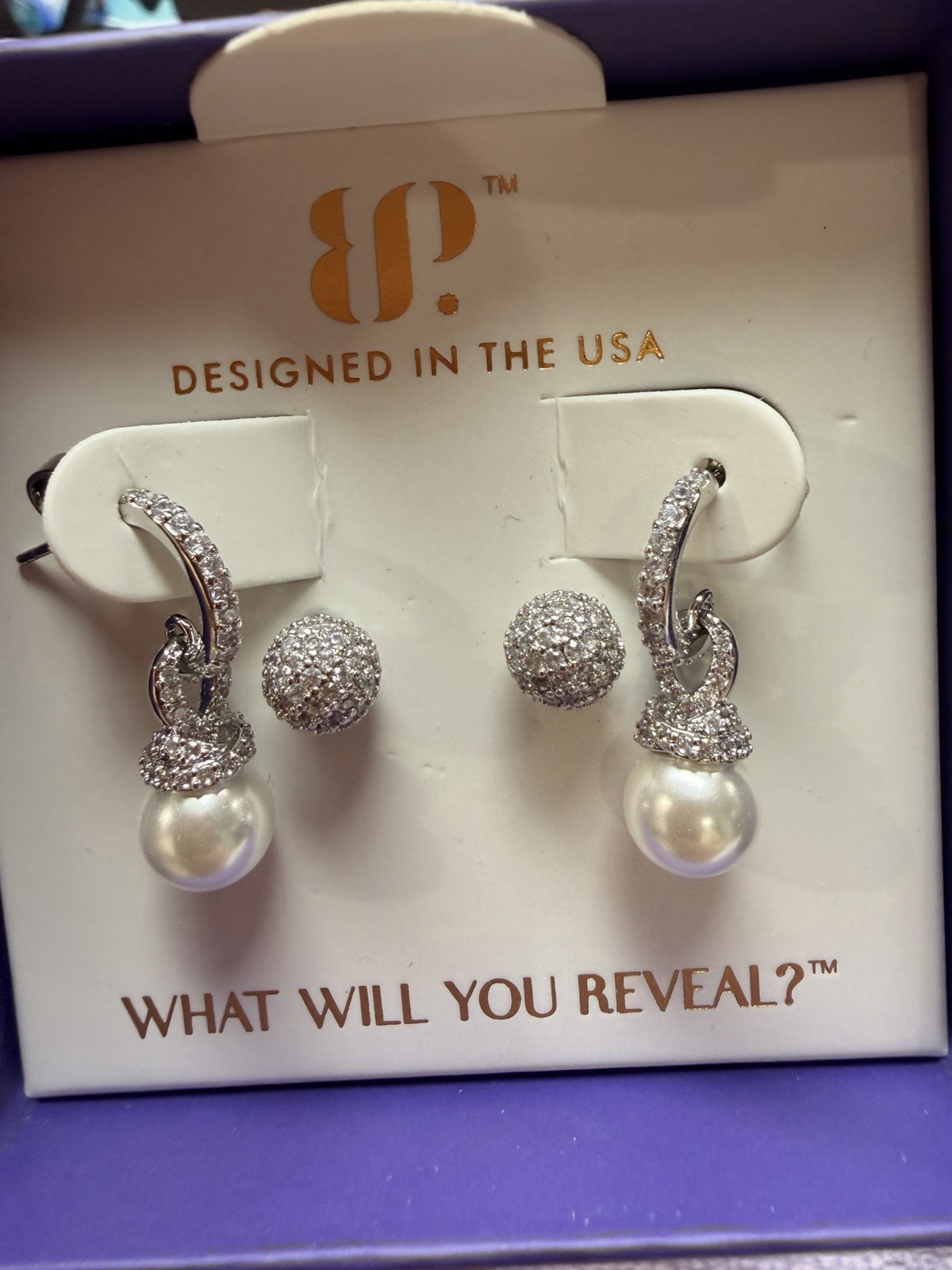 Paparazzi Silver Tone Pavé CZ Faux Pearl Round Dangle Drop Earrings