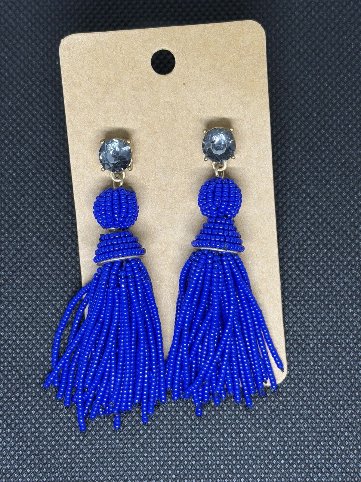 Cobalt Blue Seed Bead Tassel Drop Earrings Rhinestone Crystal Statement Boho