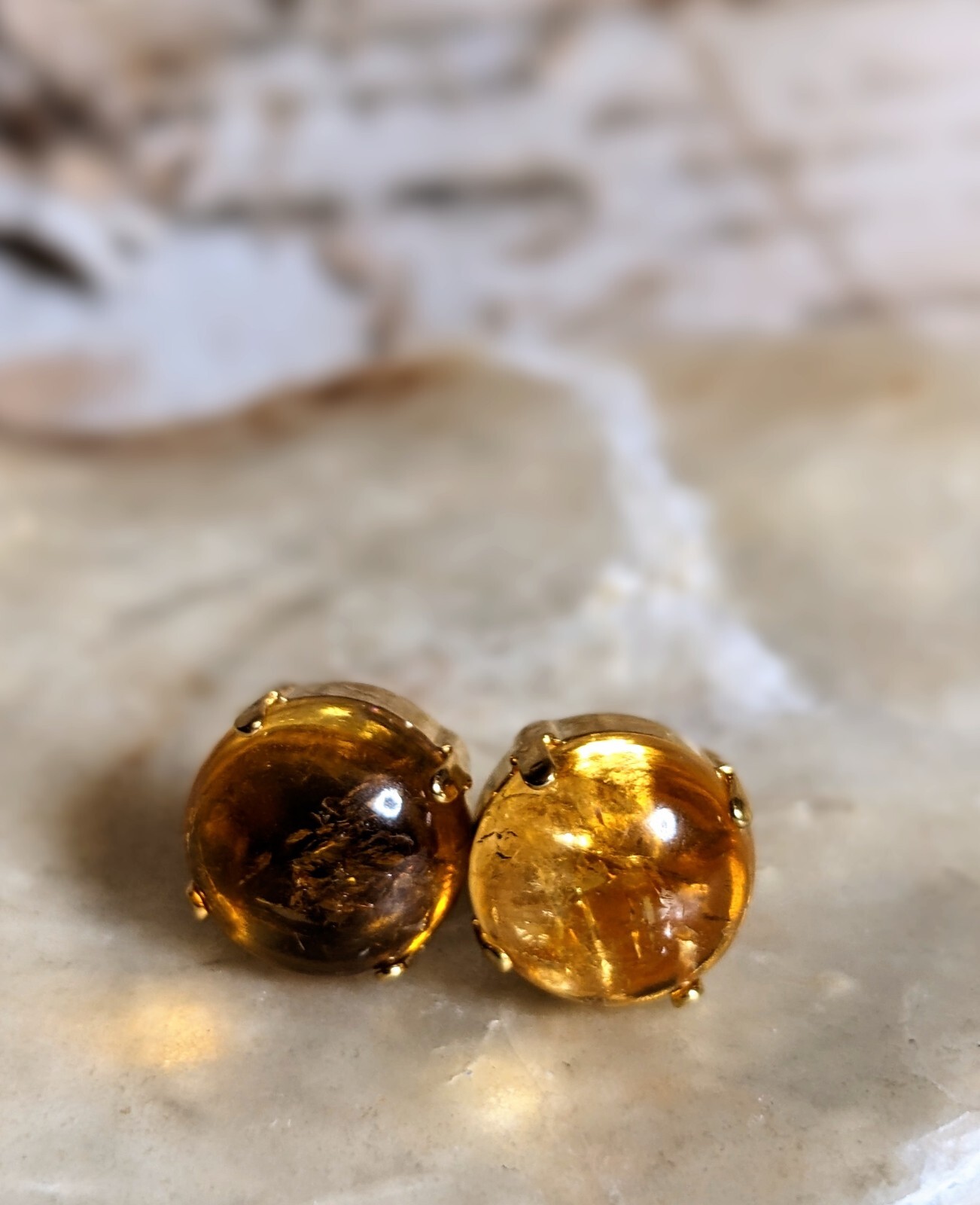 12 Carats Natural Honey Citrine Domed In 18k Gold Plated Stud Earrings