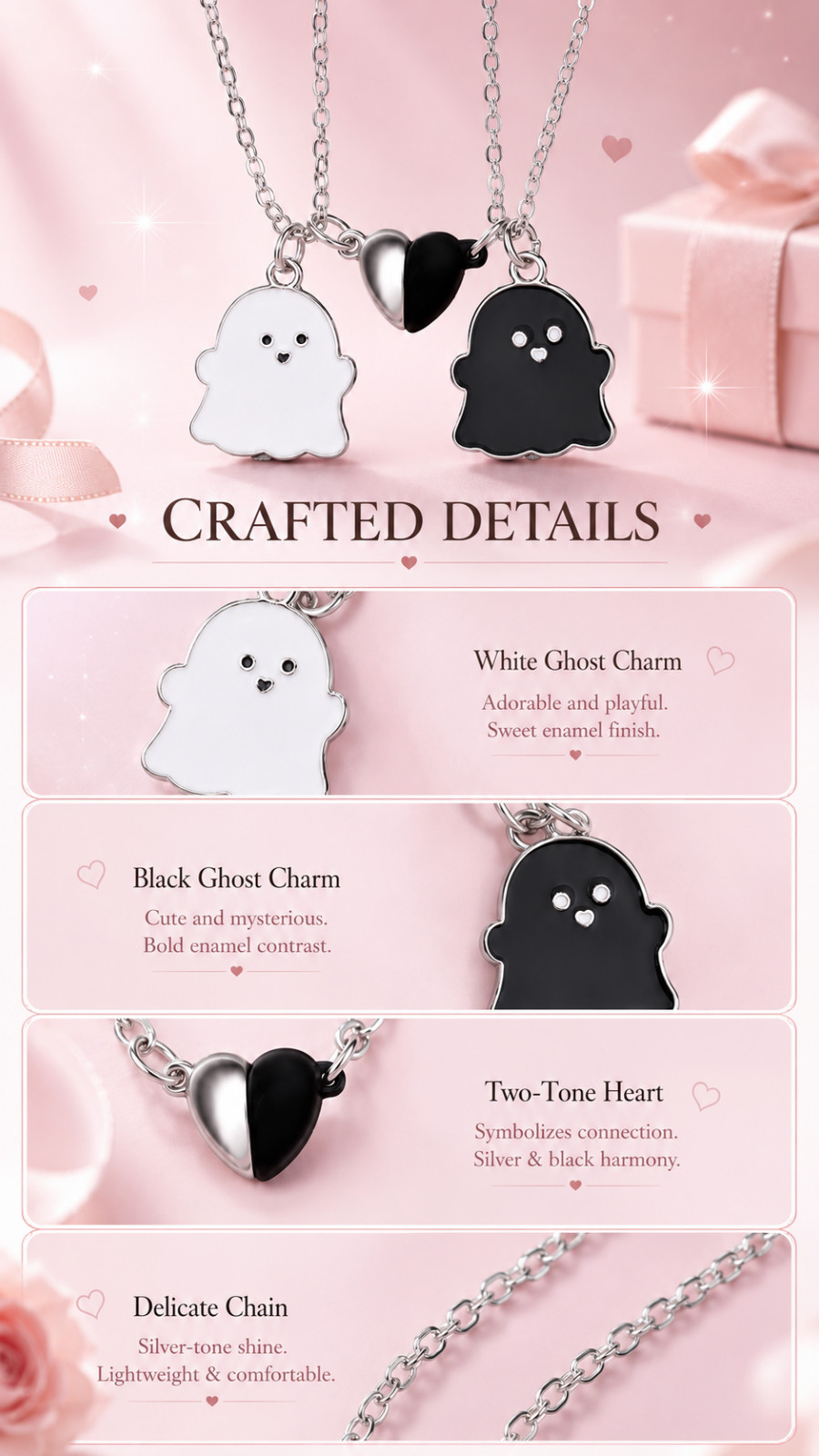 Cute Ghost Couple Necklace Set – Black & White Matching Pendant Necklace with Sp