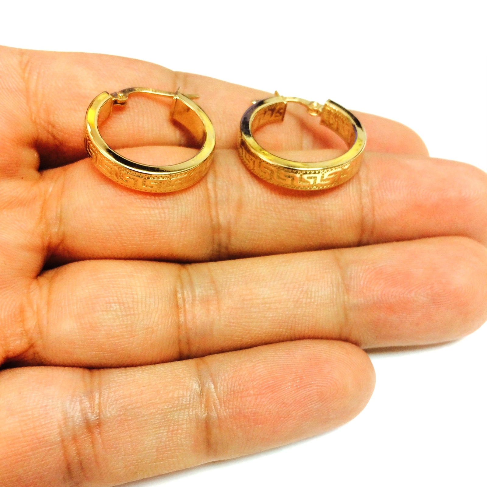 14K Yellow Gold Round Greek Key Hoop Earrings, Diameter 15mm
