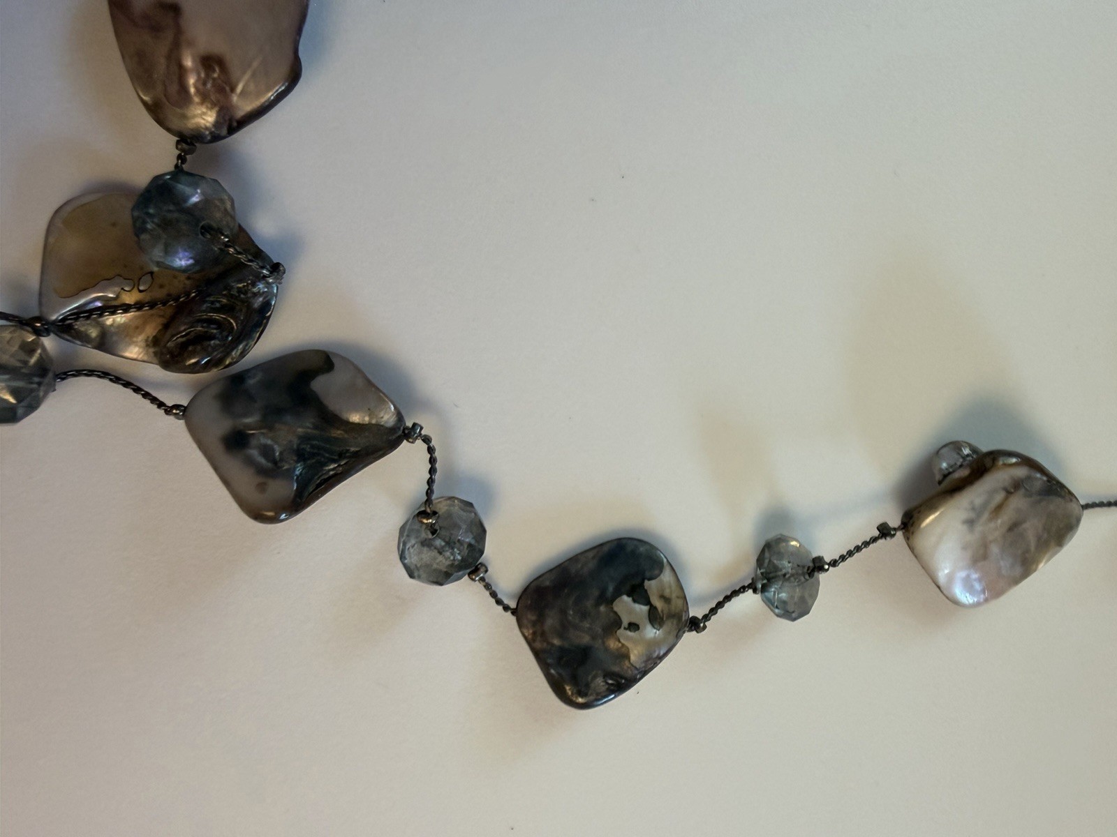 Gray Mother of Pearl/Abalone & Crystal Beaded Station Necklace, Freeform