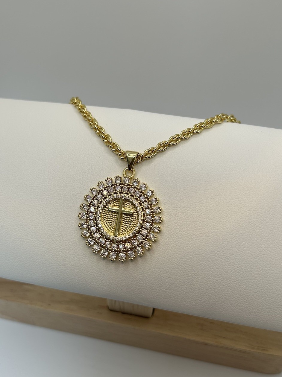 9ct GF Round Medallion Cross Pendant Necklace – 55cm (22”) 9K Gold Filled CZ