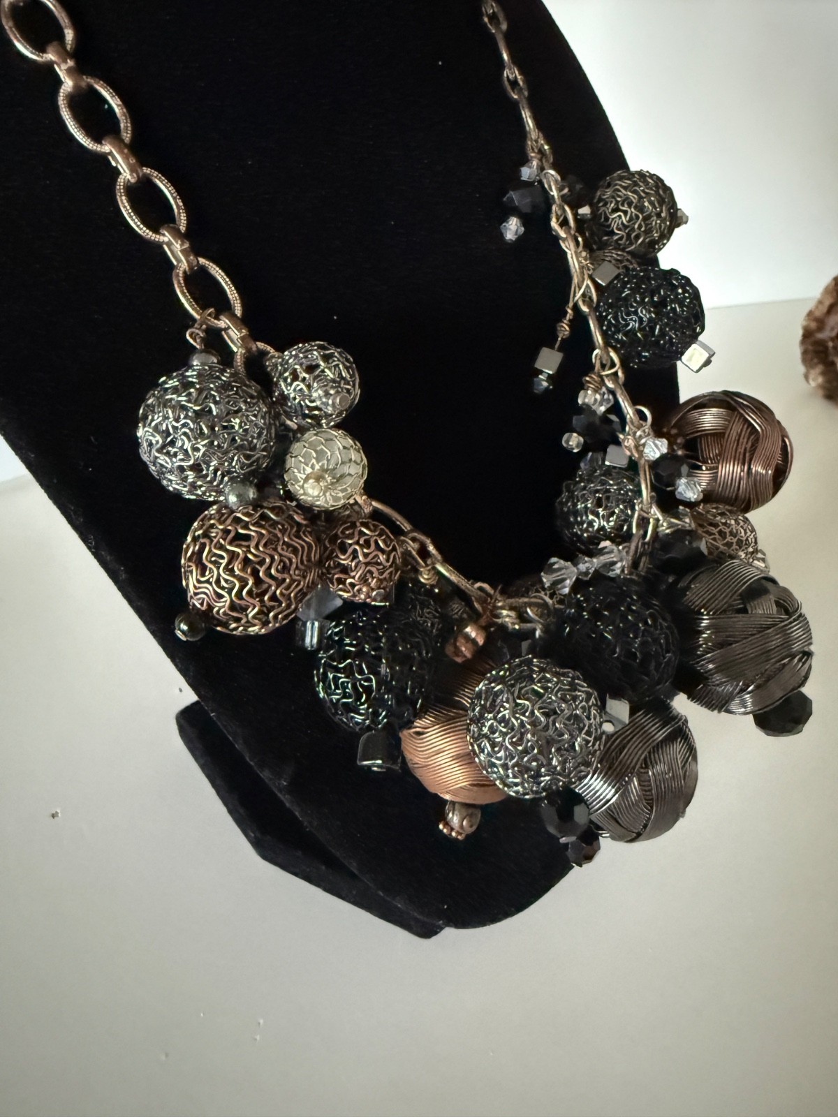 Mixed Metal Statement Necklace Wire Ball Crystal Bead Bib – Black Silver Bronze