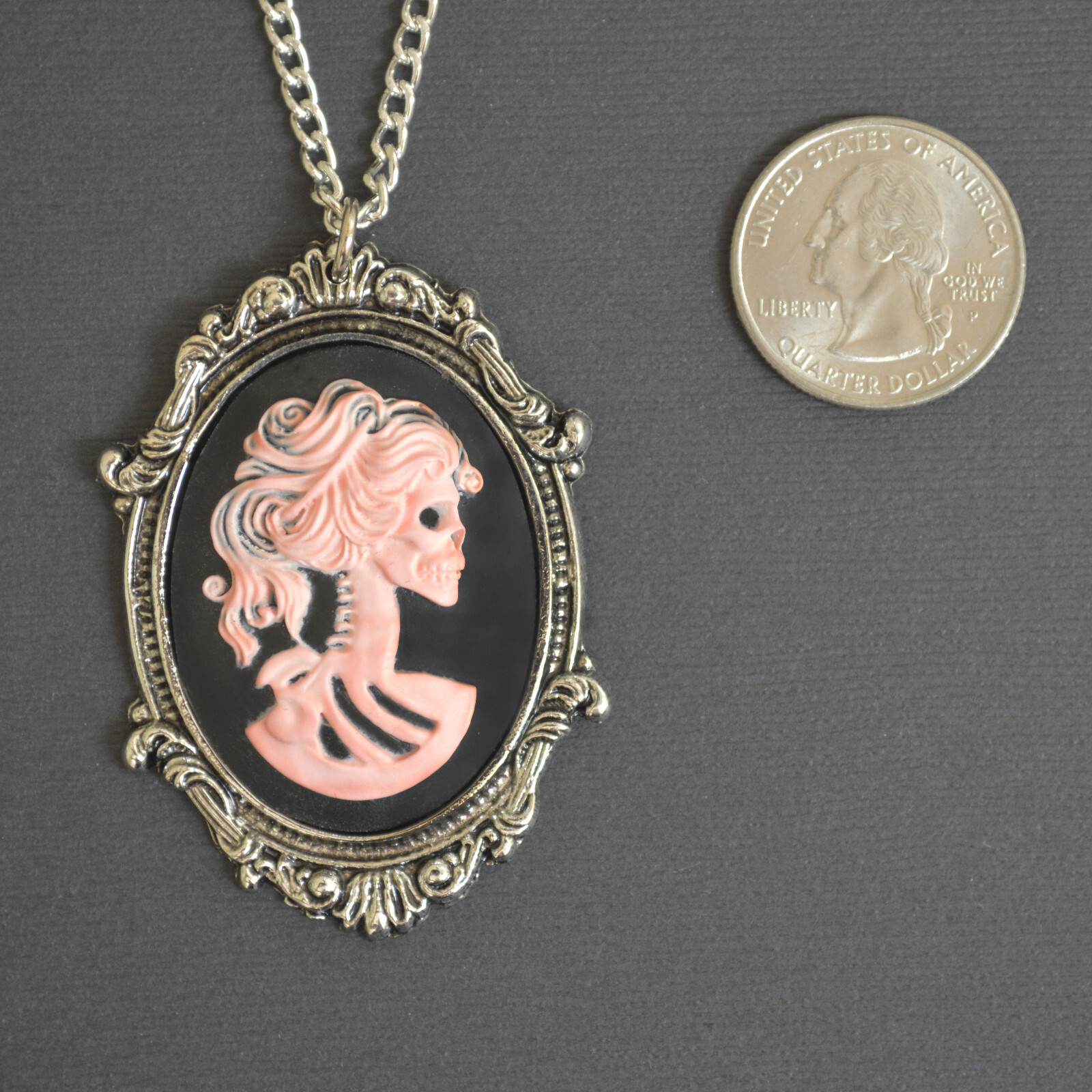 Gothic Lolita Skull Cameo Black & Pink in Silver Frame Pendant Necklace NK-629PB