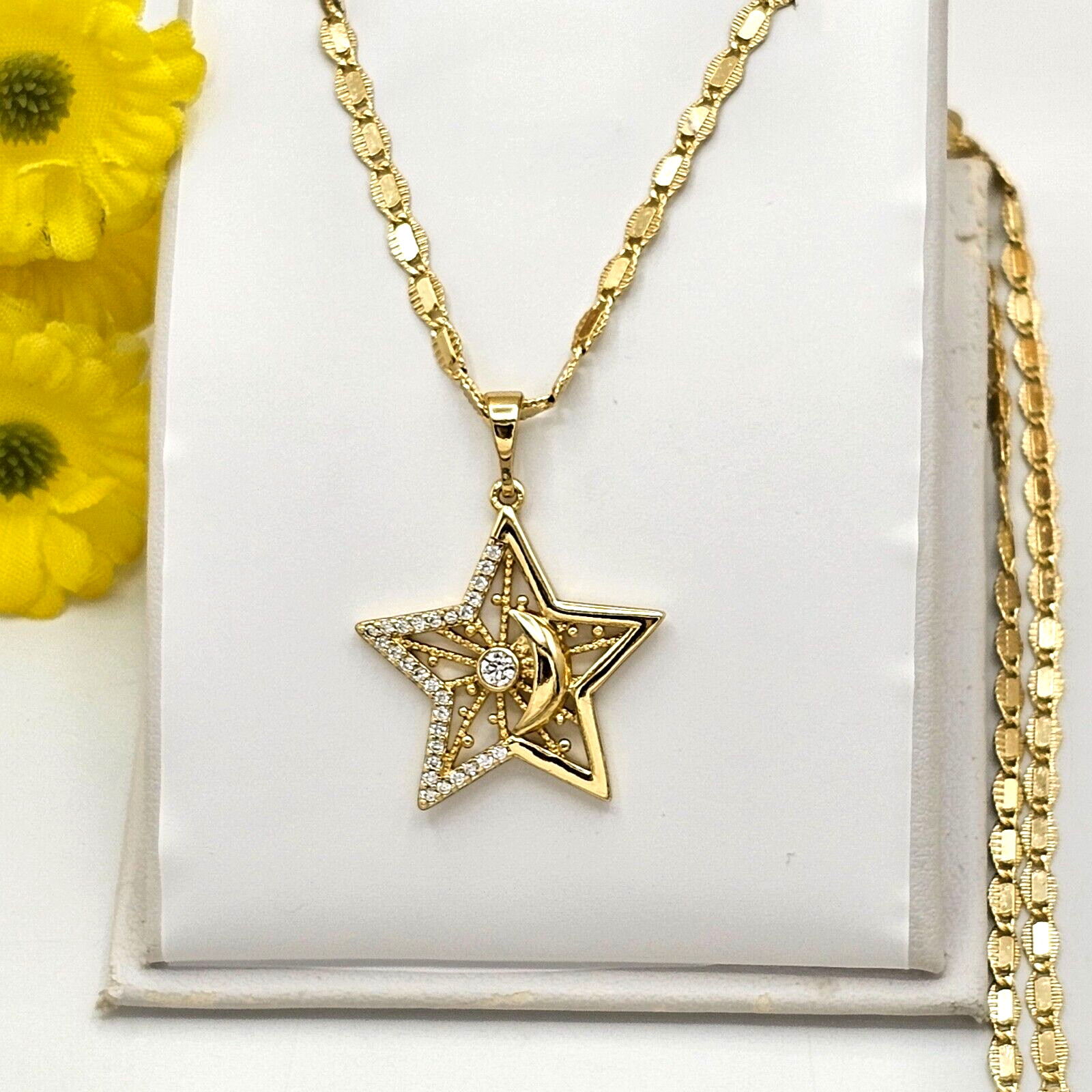 14K Gold Plated Shiny Star Moon Pendant & Chain Necklace. Women Girl Jewelry.