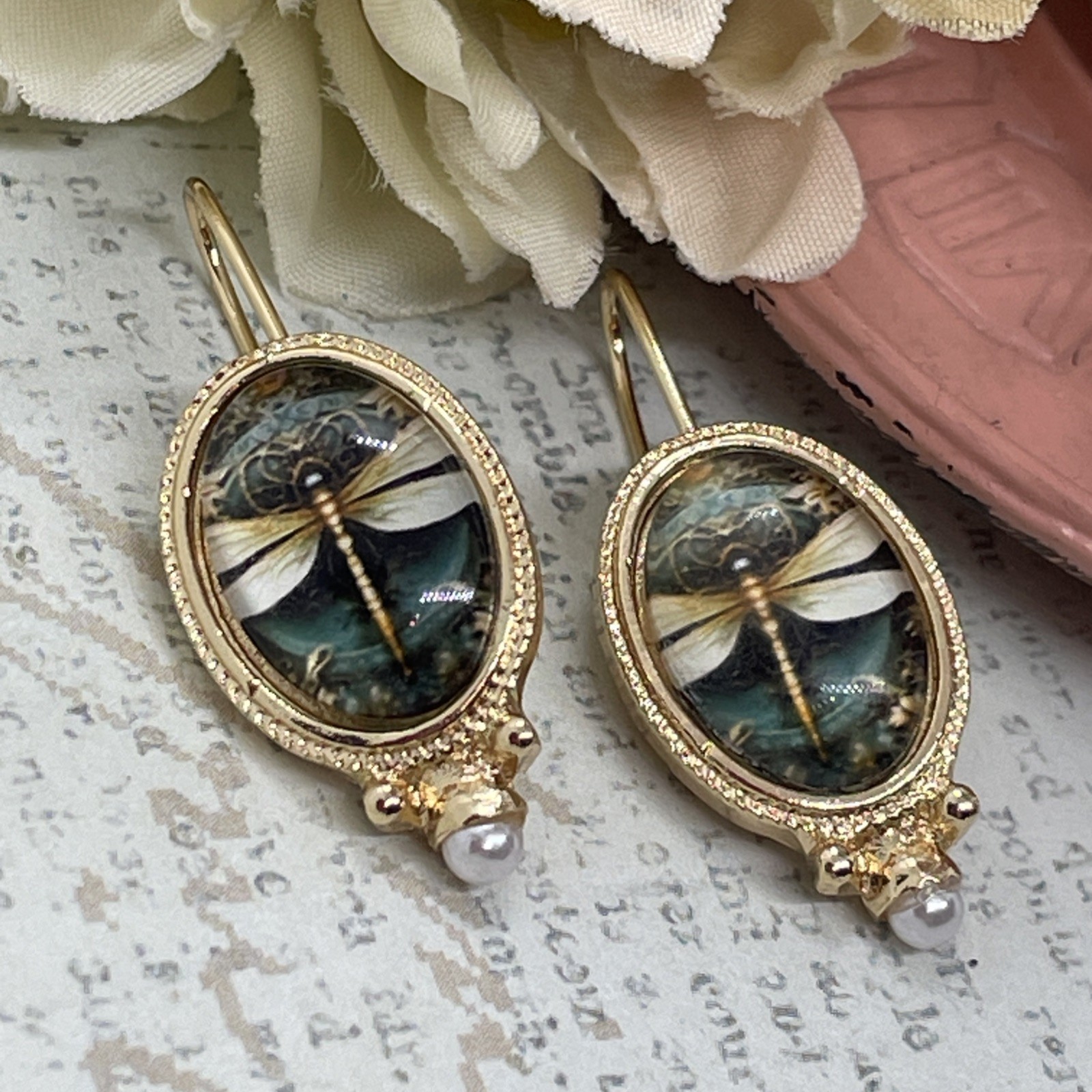 Gold plate Pearl Dragonfly Wire Purple Earrings Spring Gift Mom Birthday Wife