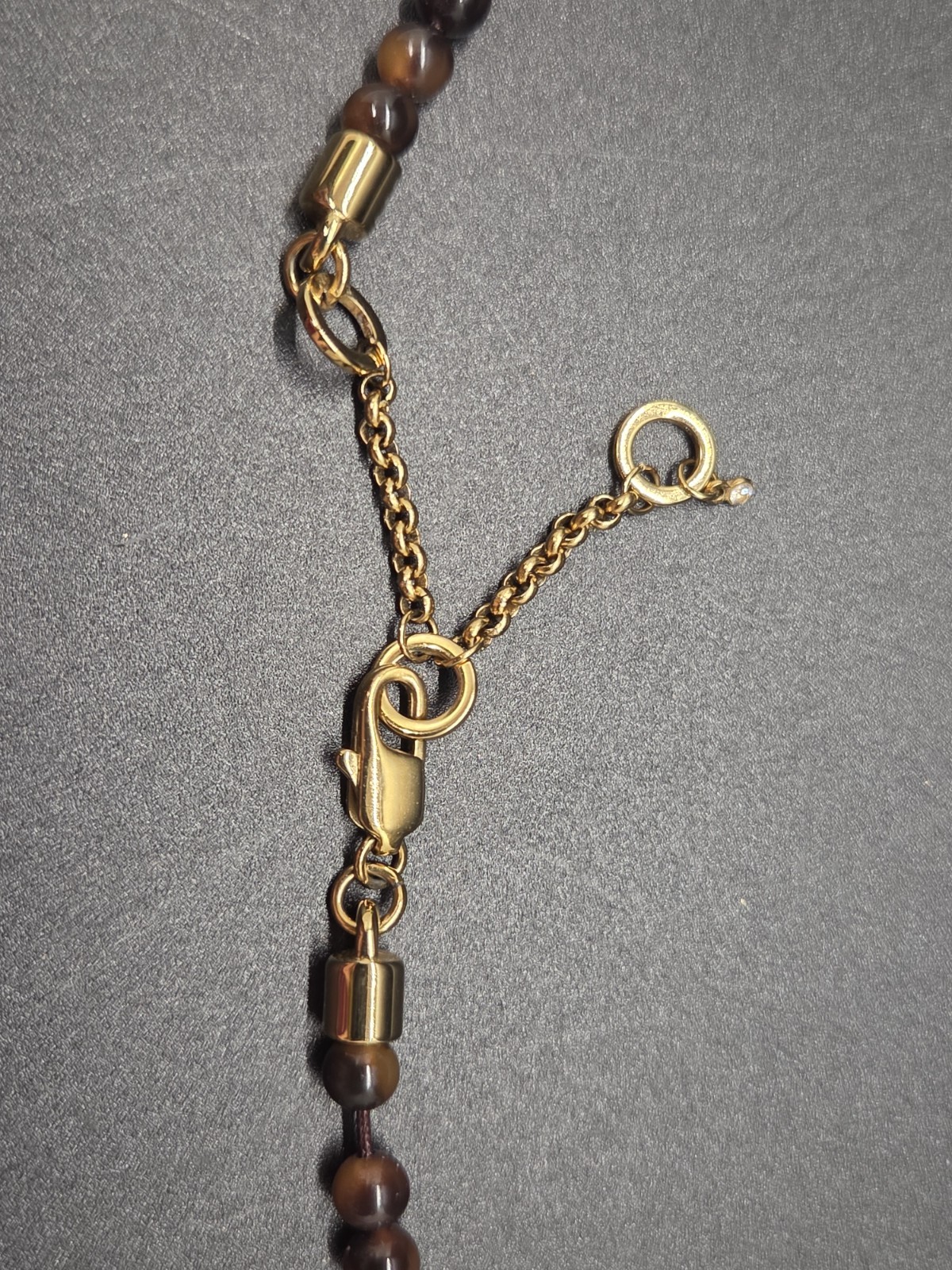 BaubleBar Tiger’s Eye Beaded Necklace Gold Tone Pavé Horn Crescent Pendant 18″