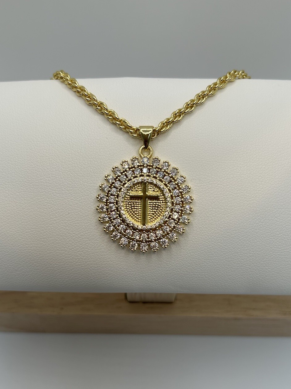 9ct GF Round Medallion Cross Pendant Necklace – 55cm (22”) 9K Gold Filled CZ