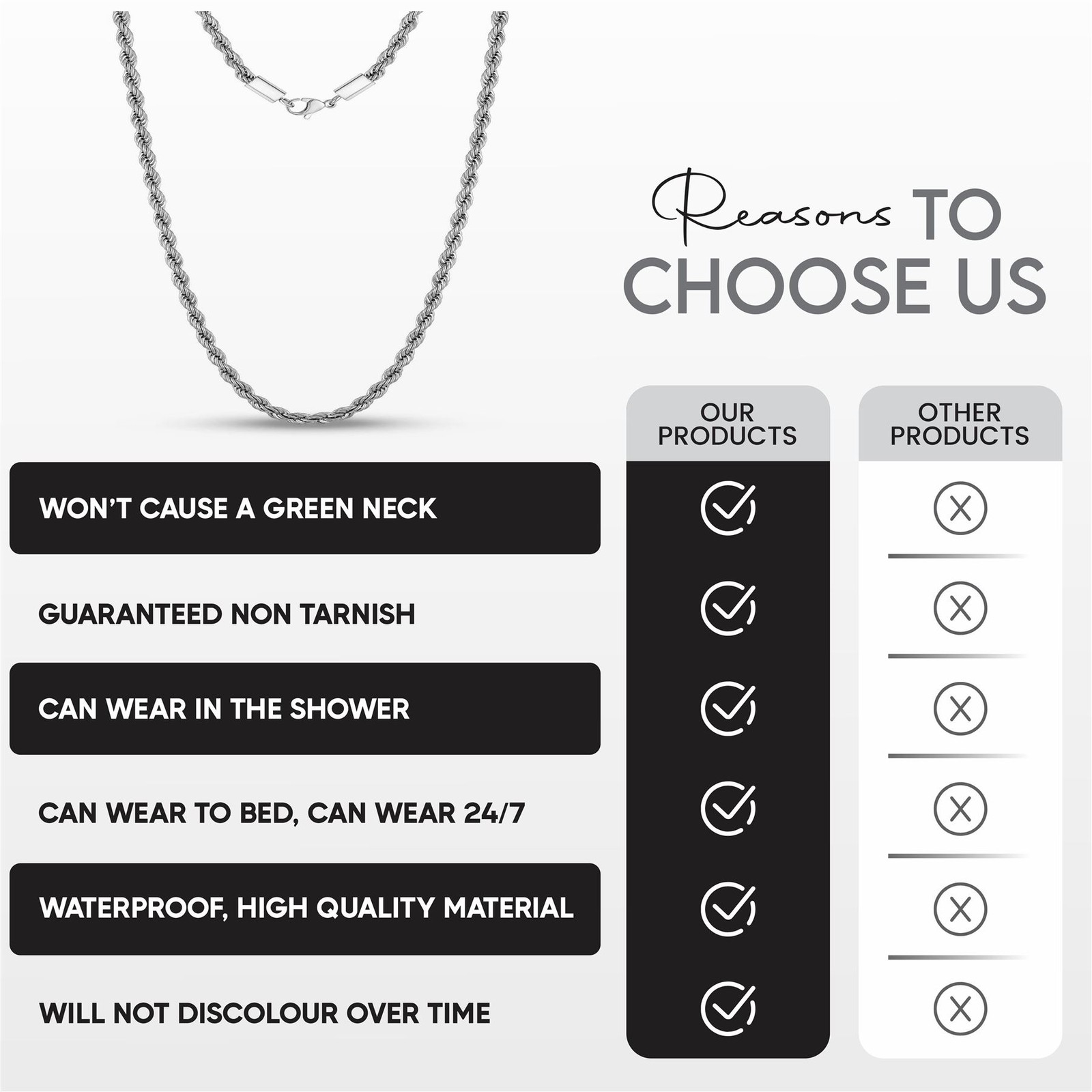 *UK* Black Stainless Steel 316L Mens Rope Twist Chain Necklace Link Chunky Boys