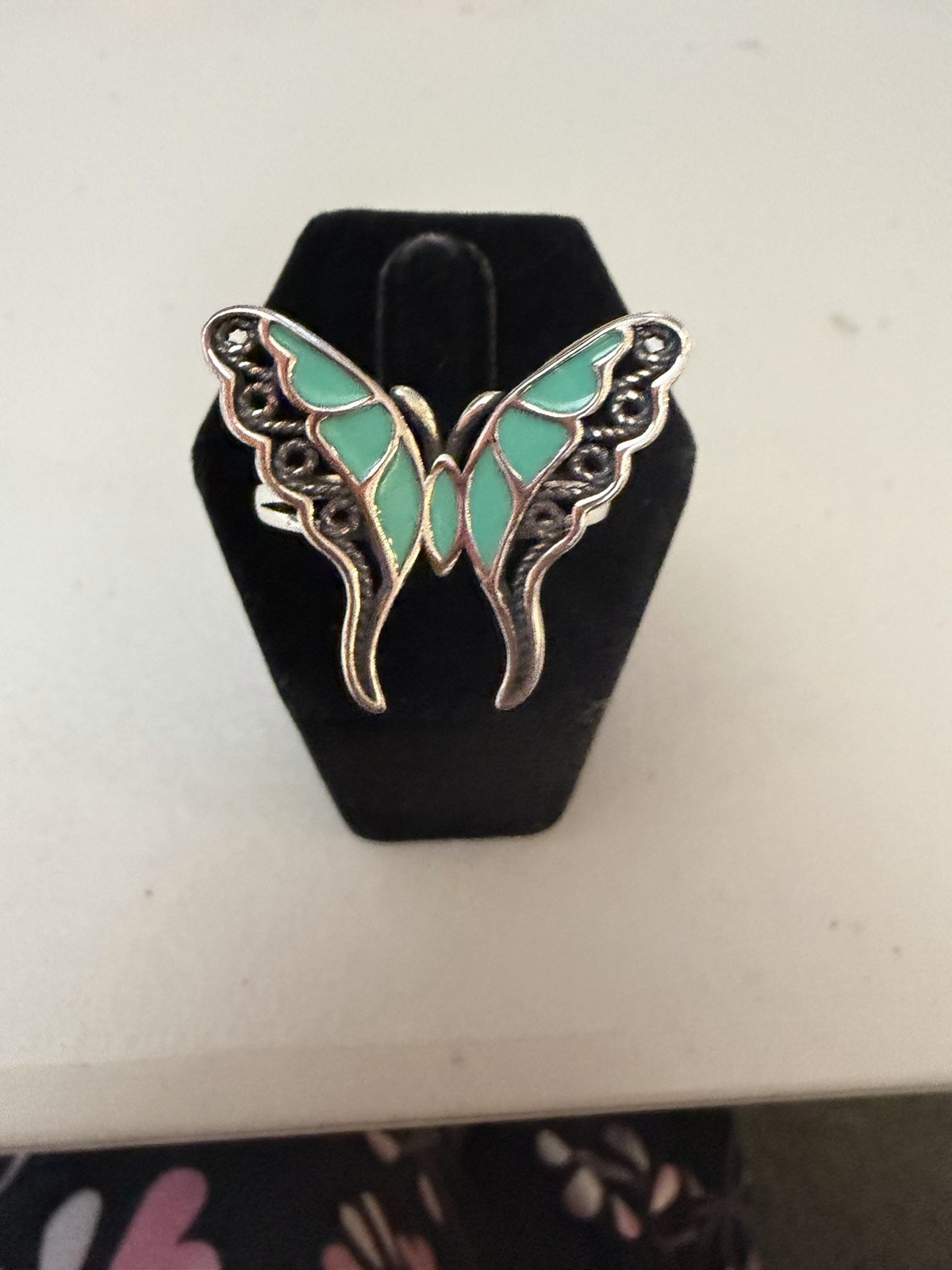 Butterfly Ring Band Oxidized Simulated Turquoise CZ 925 Sterling Silver