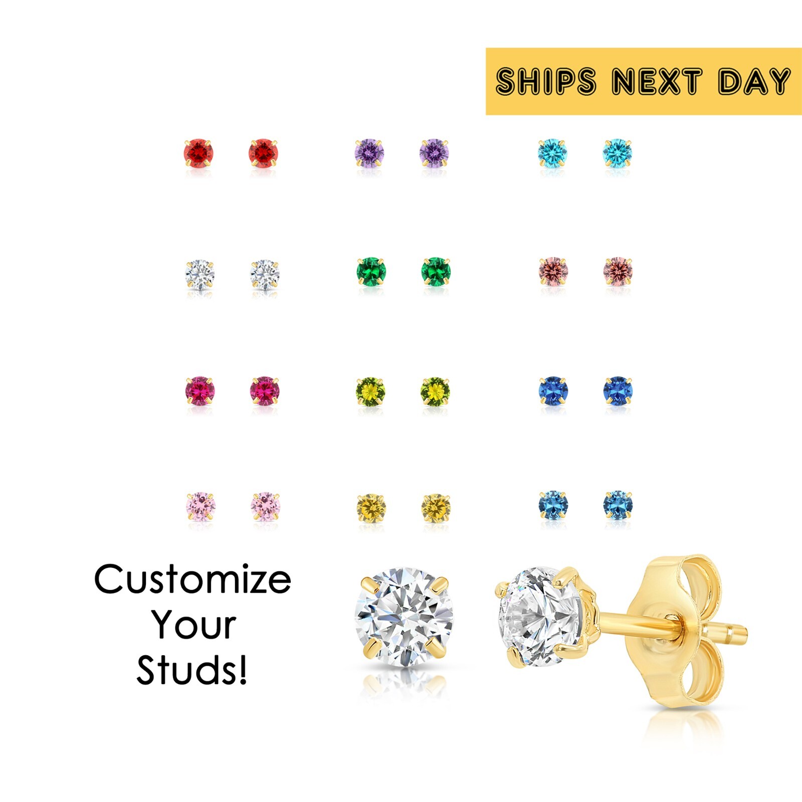 10K Solid Yellow Gold Solitaire Birthstone CZ Sleeper Stud Earrings Pushback 5mm