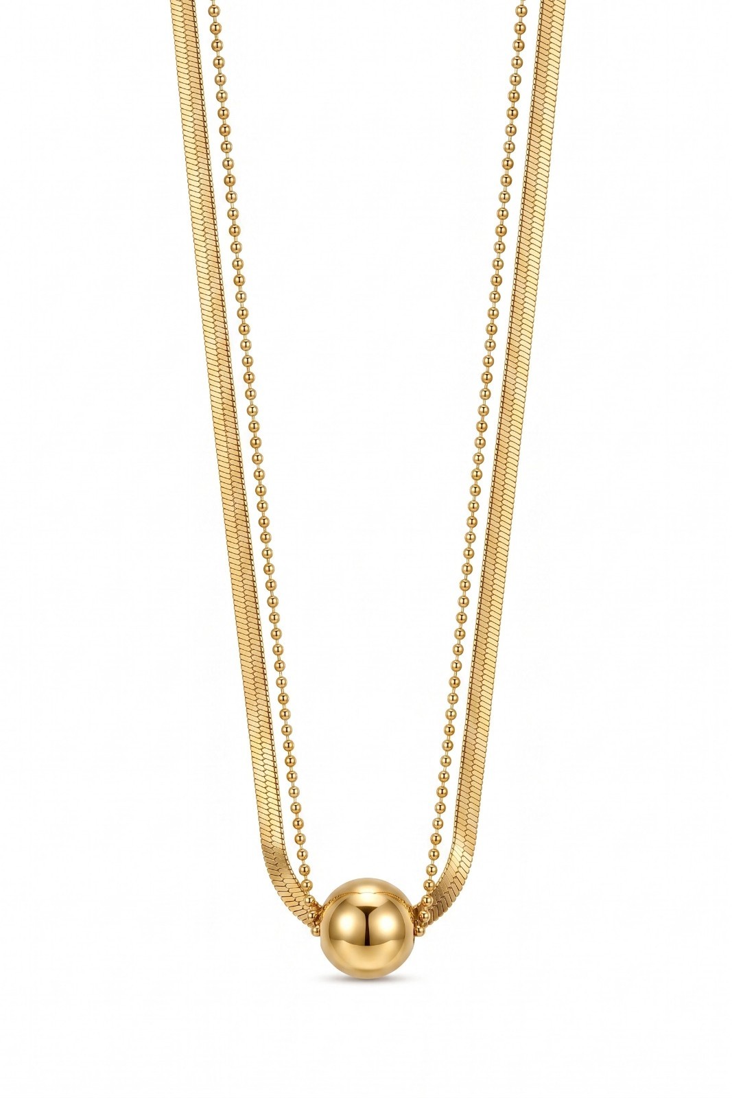 Stainless Steel 18K White Gold Plated Double Layer Herringbone Ball Bead Choker