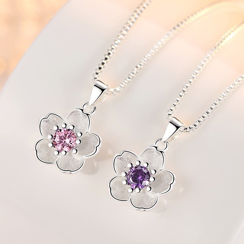 2 Pack Set Luxury Pink Purple Blossom Flower CZ Pendant Necklace for Women