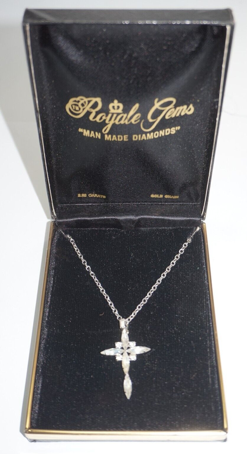 Royale Gems Man Made Diamonds Cross Silver Toned Pendant Necklace 18″ Chain