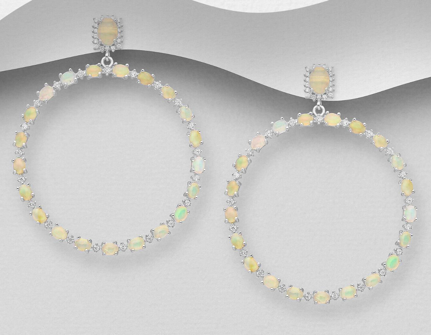 Solid Sterling Silver Golden Ethiopian Opals Dangle Hoop Earrings 2.3″Long 11.3g