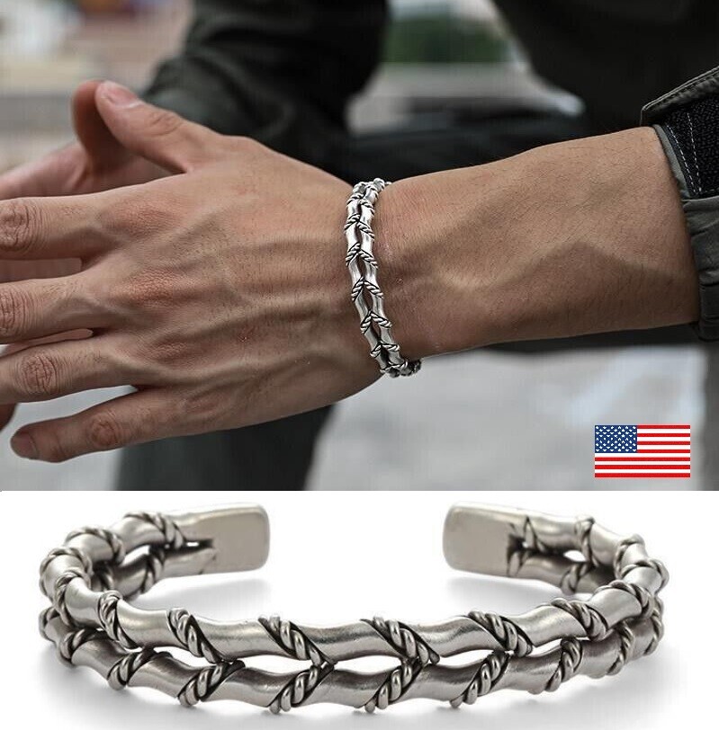 Men Bracelet Adjustable Open Bracelet Handmade Vintage Twist Cuff Silver Gift US