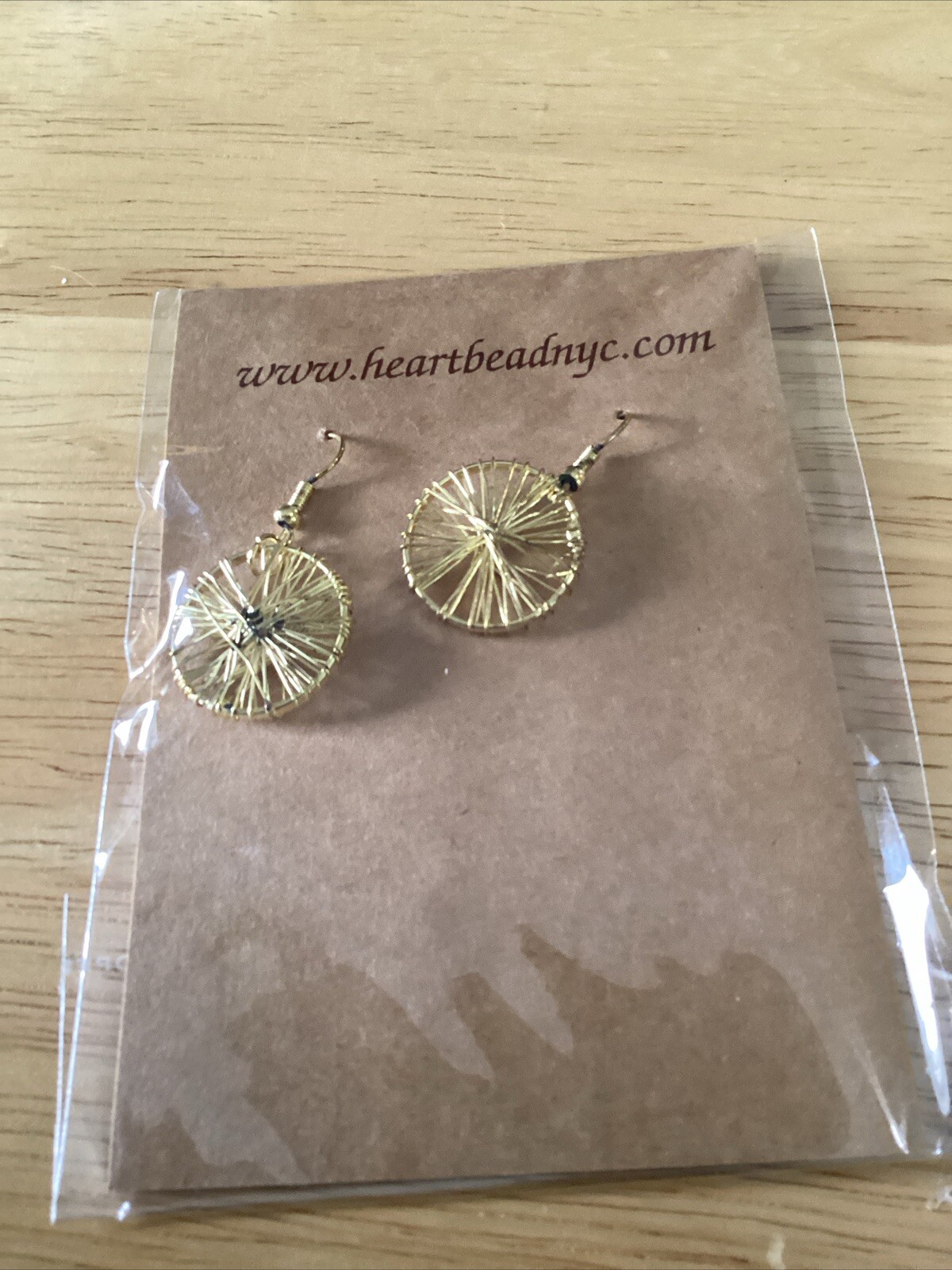 Gold Tone Wire Wrapped Wheel Round Disc Dangling Earrings, Great Gift Idea
