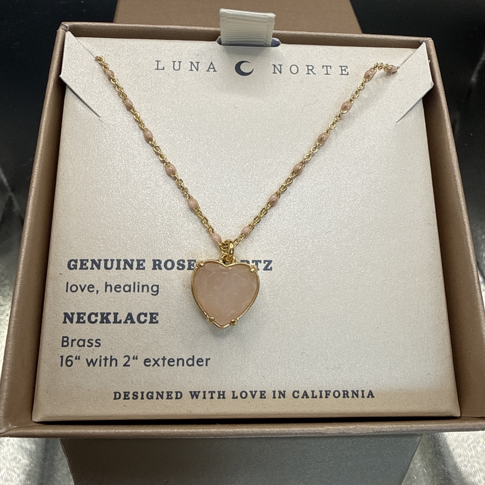 Luna Norte Genuine Rose Quartz “Heart Of Gold” Pendant Necklace 16” +2” BNIB