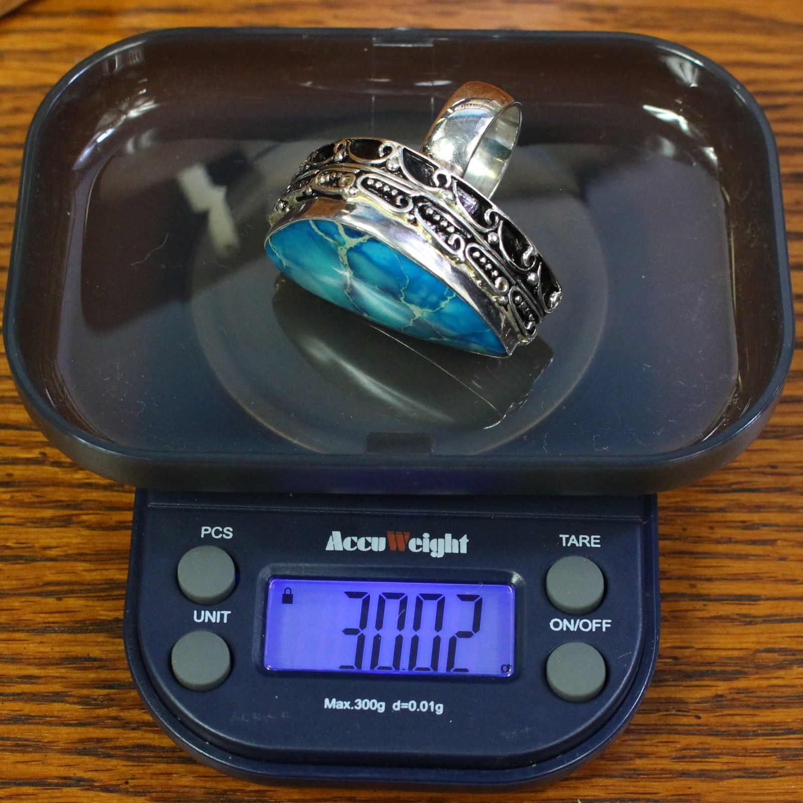 Sterling Silver and Turquoise Statement Ring, 30 Grams, size 8.5, Marked 925