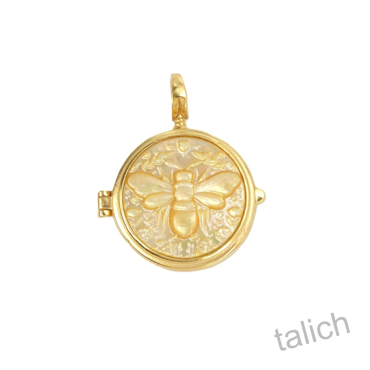18K Gold Plated Sterling Silver Mother of Pearl Bee & Rose Cameo Locket Pendant