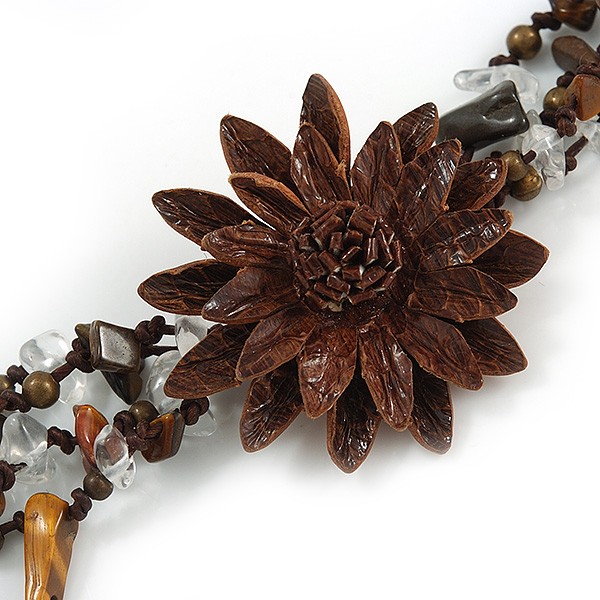 Leather Flower Turquoise Bead Cotton Cord Bracelet/ Brown/ 15cm L/ Small