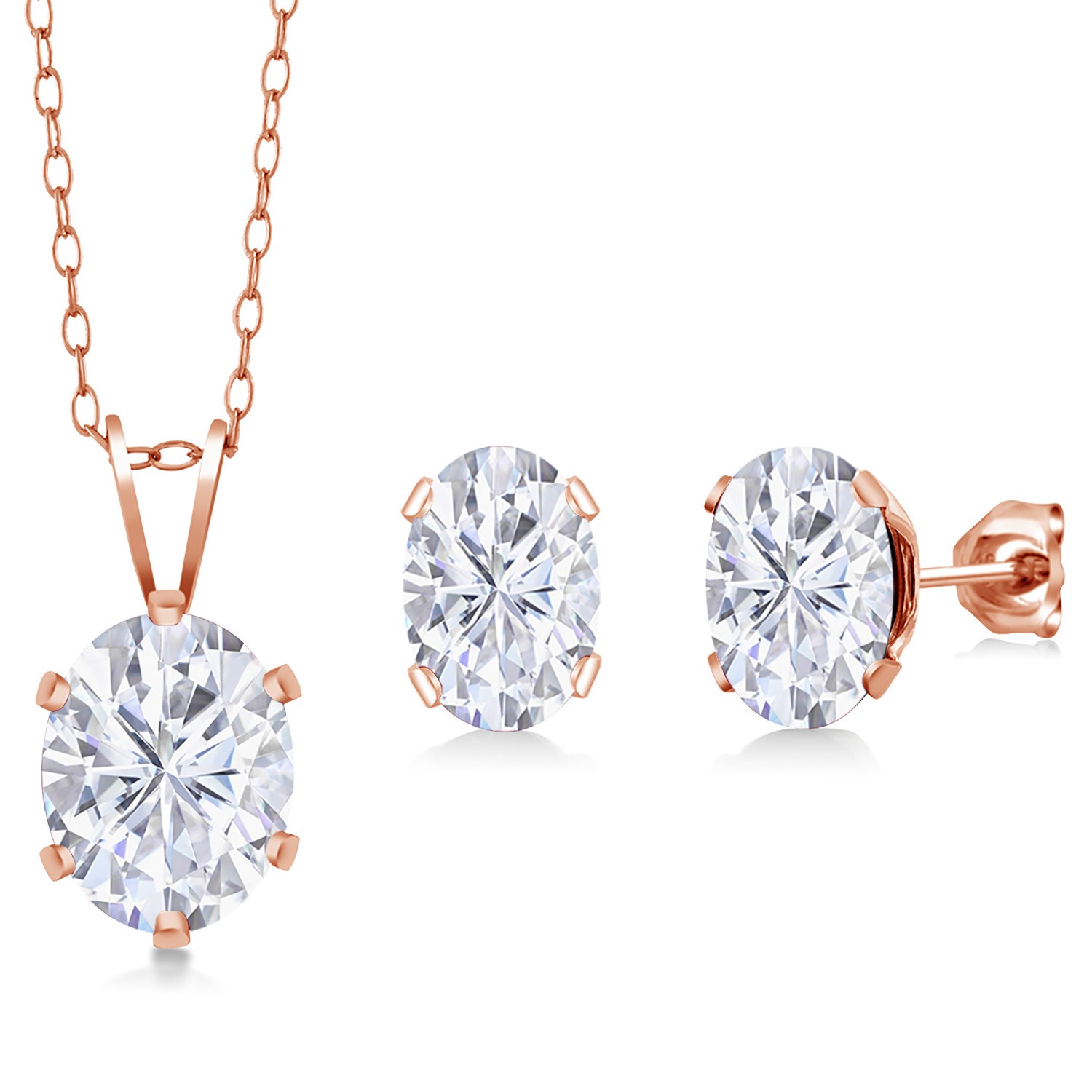18K Rose Gold Plated Silver Pendant Earrings Set Near Colorless (GH) Moissanite