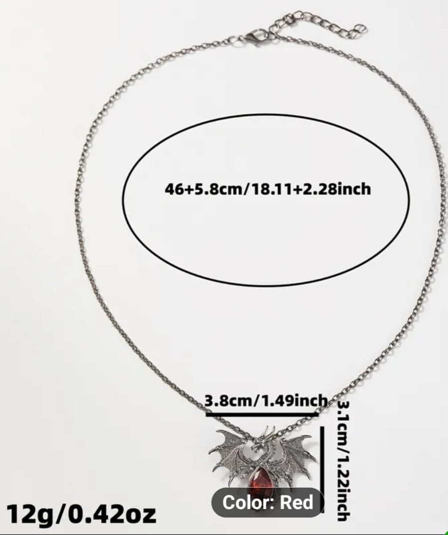 Gothic Dragon Pendant Necklace with Red Gemstone – Fantasy Jewelry Unisex