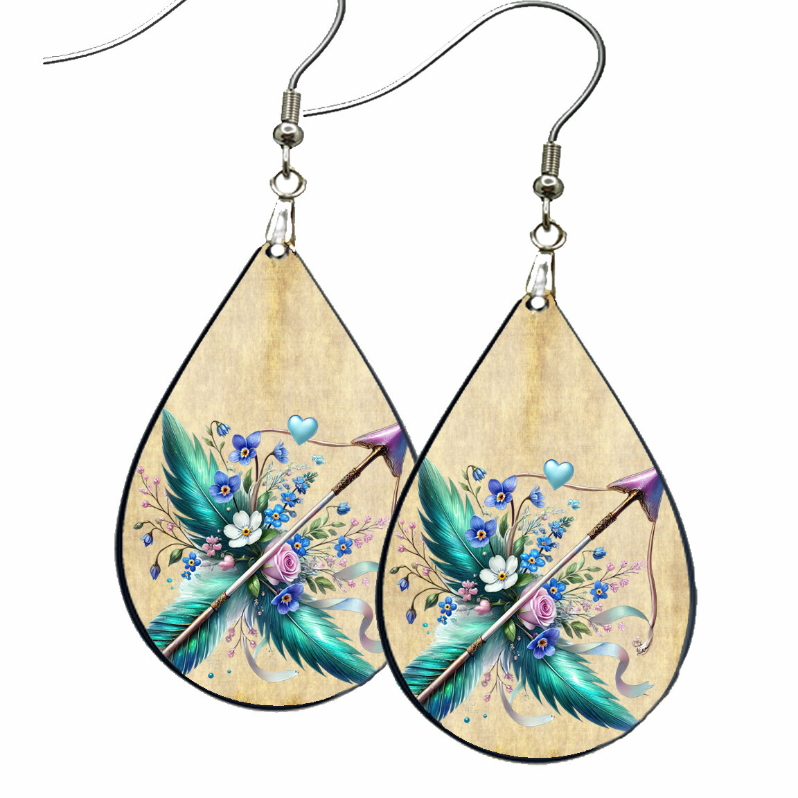 Retro Floral Boho Cupid Arrow Love Valentine’s Earrings Teardrop NO TARNISH Wood