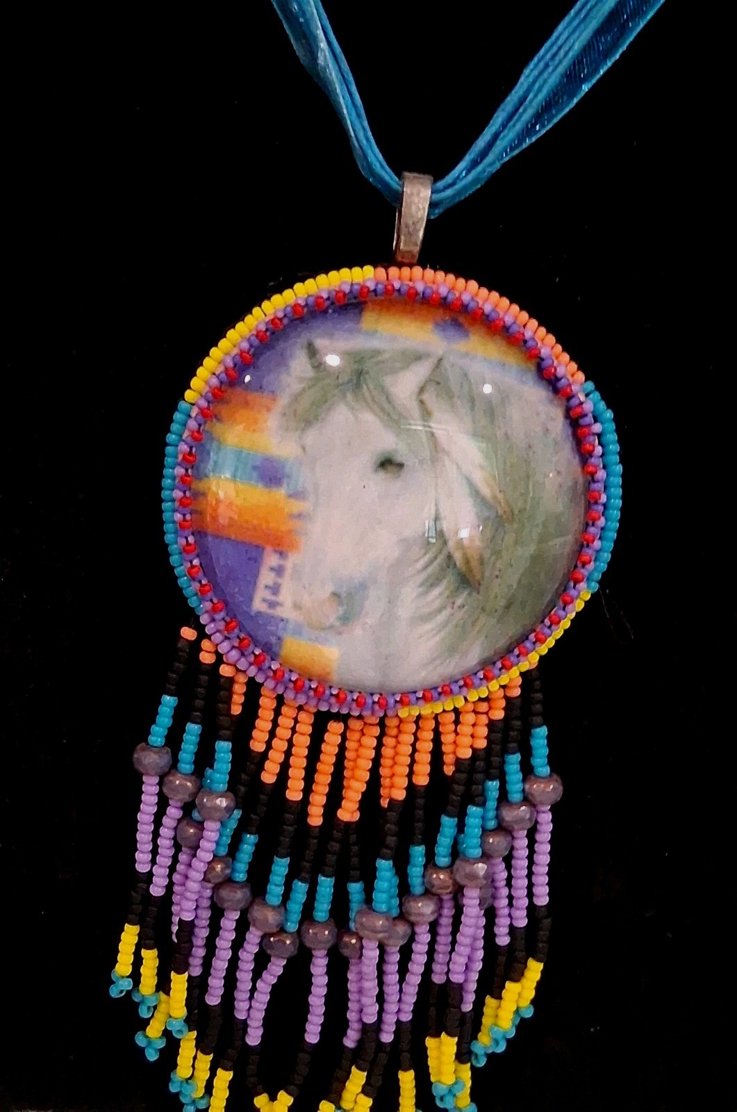 Beaded Medallion 16″Necklace With Horse Design: Multicolored Beadwork&2.5″Fringe