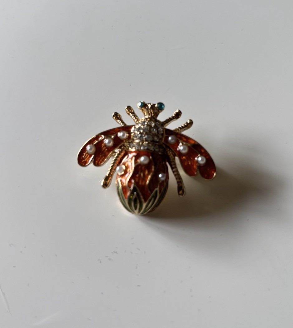 Vintage Bee Brooch Gold Tone Orange Enamel Faux Pearl Rhinestone Insect