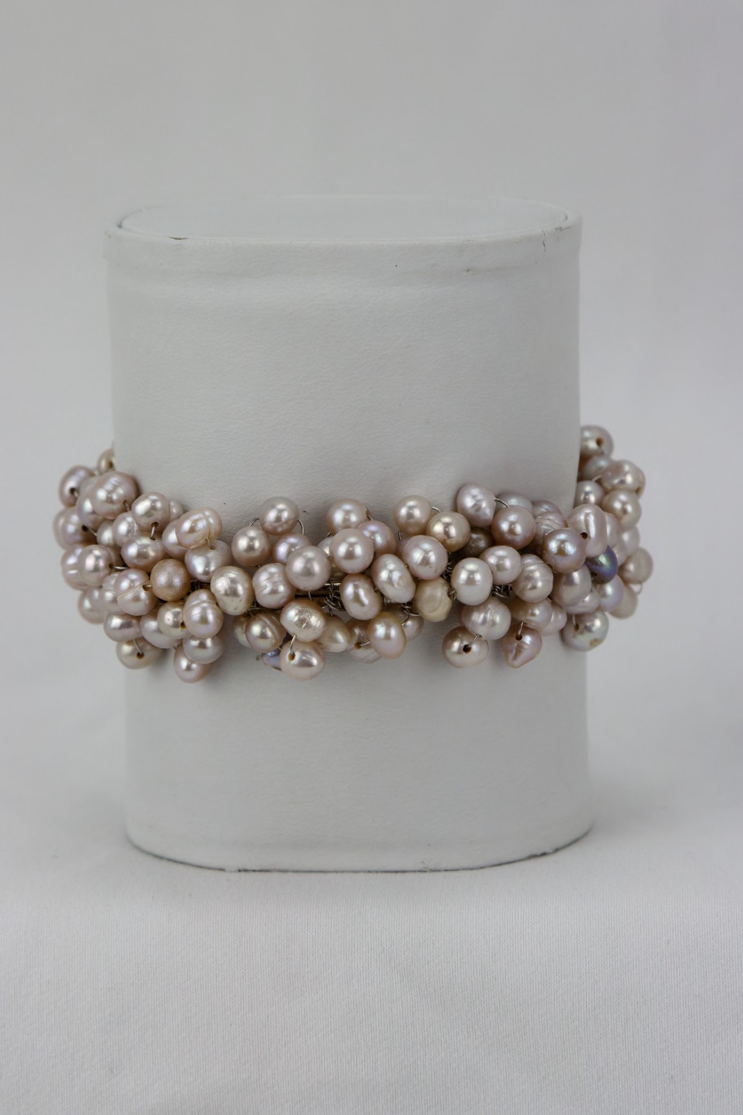 Wire-Wrapped Pink FW Pearls on Flexible Silver Tone Bracelet, 38gr