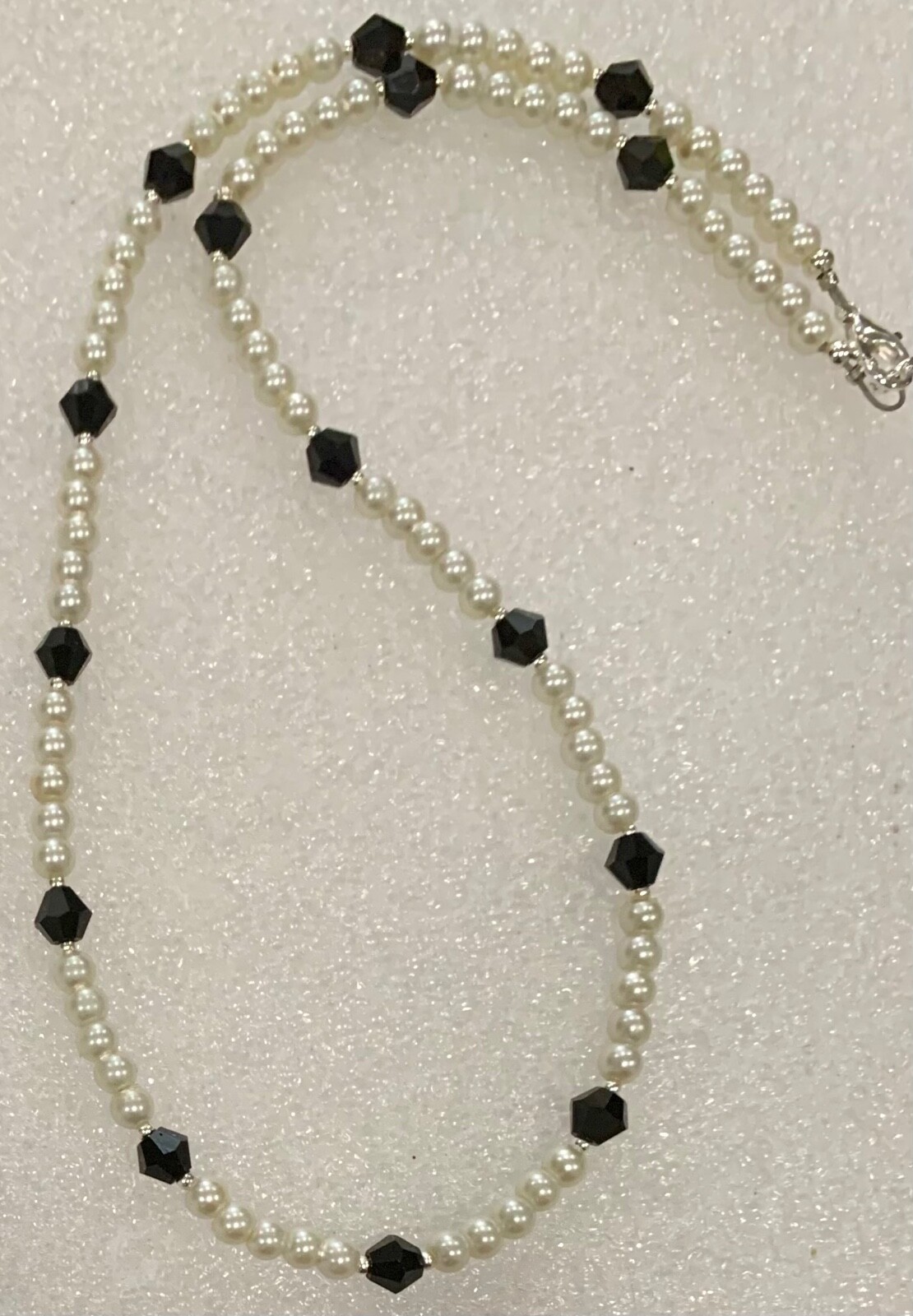18″ Glass Pearl and Black Crystal Bicone Necklace