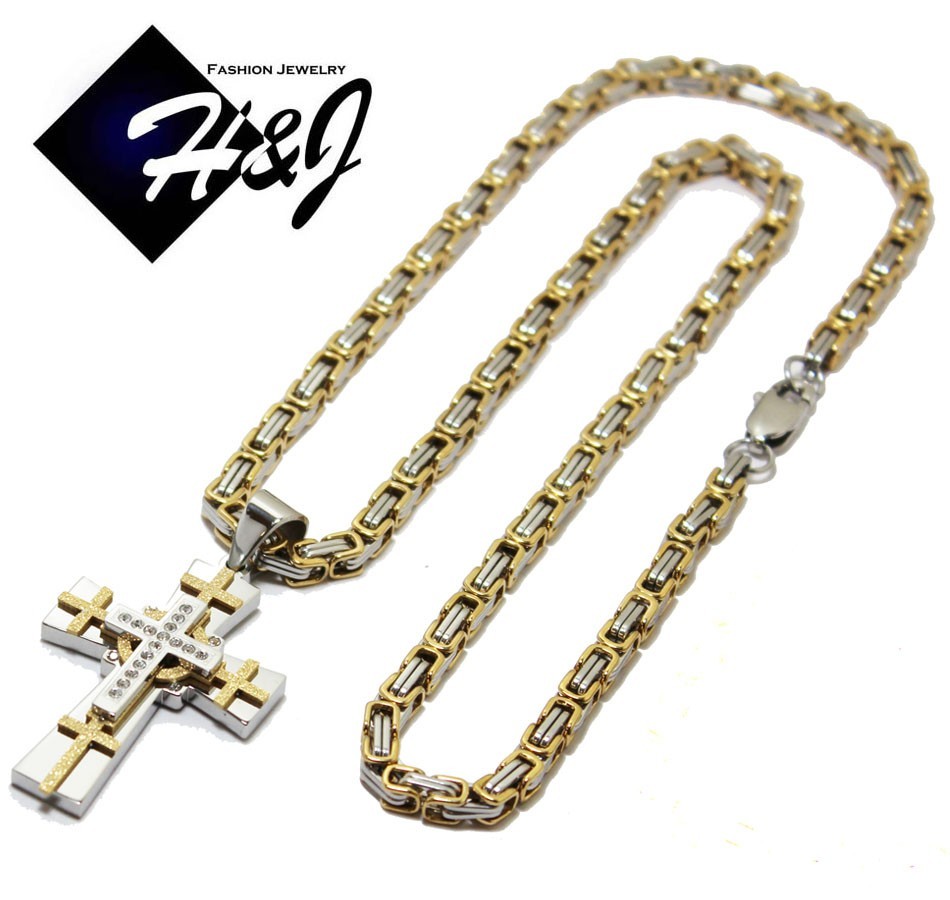 24″MEN Stainless Steel 4mm Silver/Gold Plated Box Link Chain CZ Cross Pendant*S7