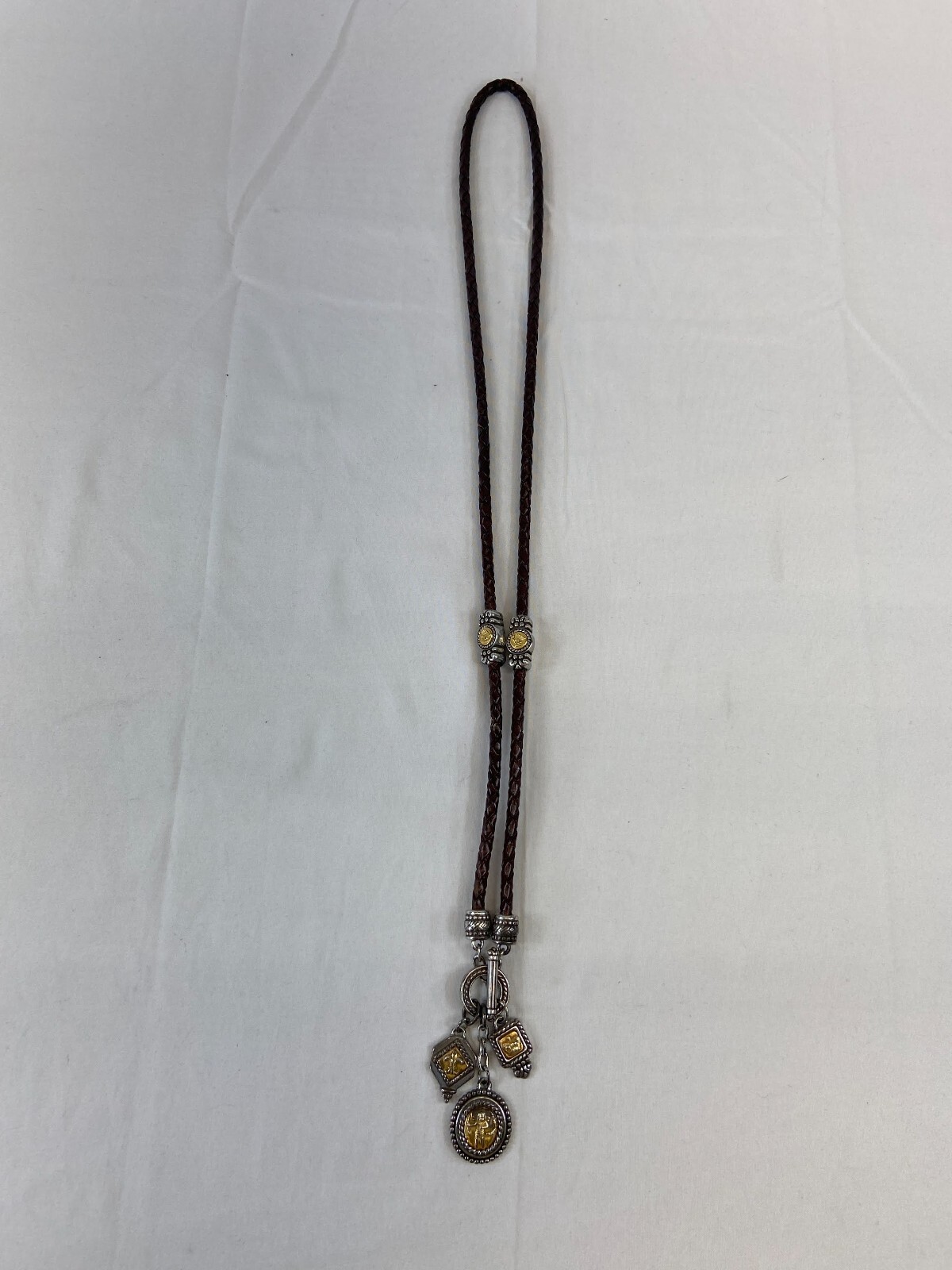 Vintage Brighton Necklace Lanyard Braided Leather Cord Mixed Metals Charms Brown