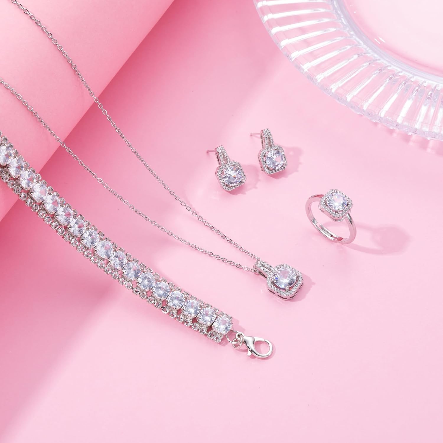4Pcs CZ Wedding Jewelry Set Necklace Earrings Bracelet Ring for Bride Women