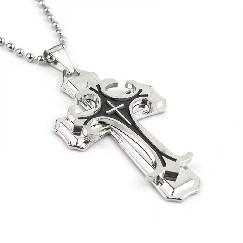 Multi-Layer Metal Oil Drop Cross Necklace, Classic Religious Cross Pendant